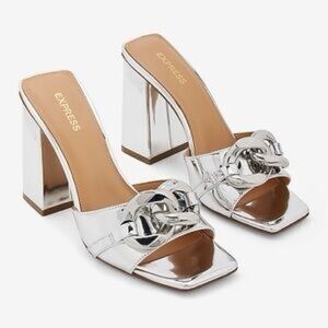 Express silver high-heeled mules with a chain design and square toe size 9 NWT